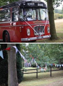 vintage red wedding bus and bunting