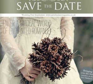 save the date magazine fircone bouquet