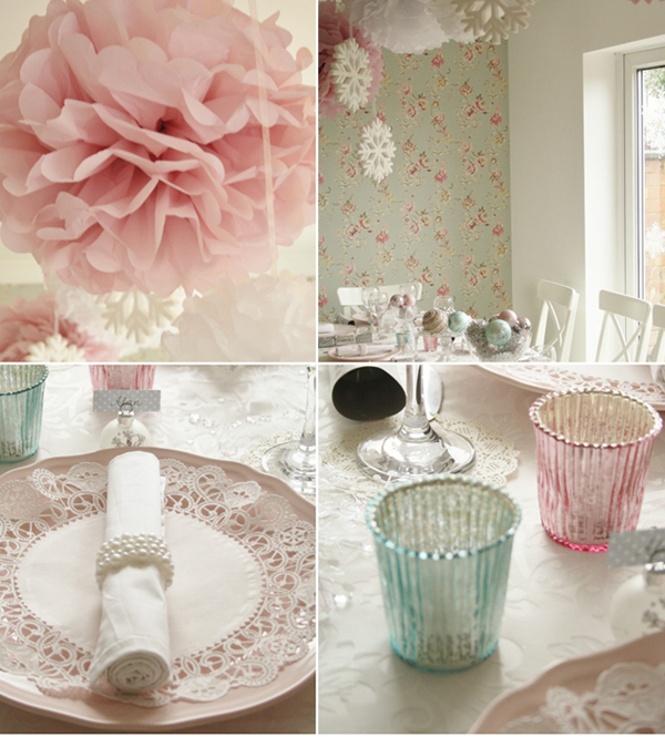 soft pink pom poms pink and teal tea light holders wedding inspiration