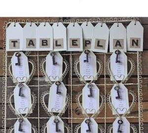 wedding table plan cream heart with vintage keys and luggage tags copy