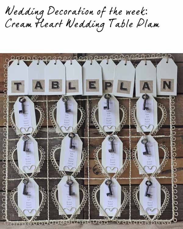 wedding table plan cream heart with vintage keys and luggage tags copy