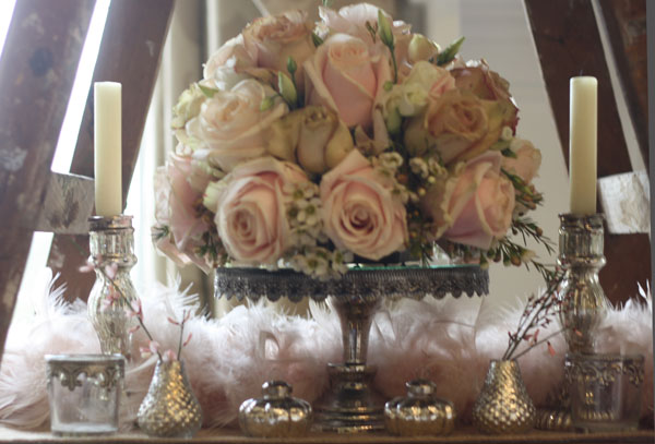 Low wedding flowers blush pink roses mirror cake stand Passion for Flowers