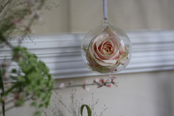hanging glass bauble pink rose wedding