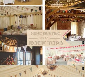hanging wedding bunting from the roof of marquee or barn