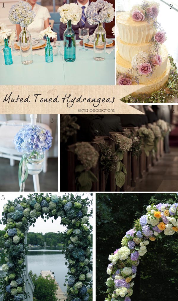 muted vintage hydrangea archways pew ends bottles