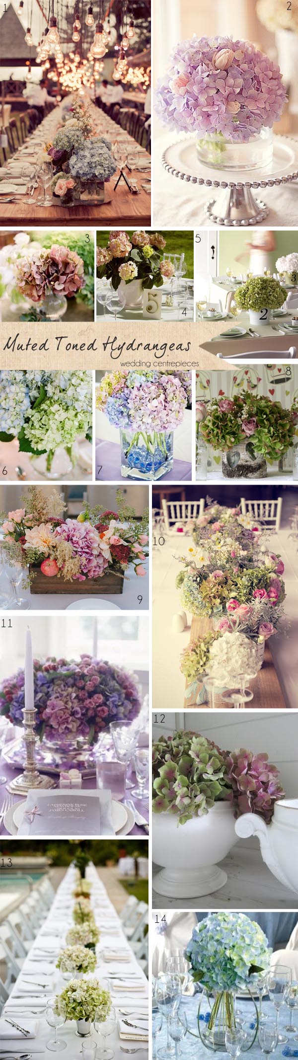 muted vintage hydrangea wedding table centrepieces