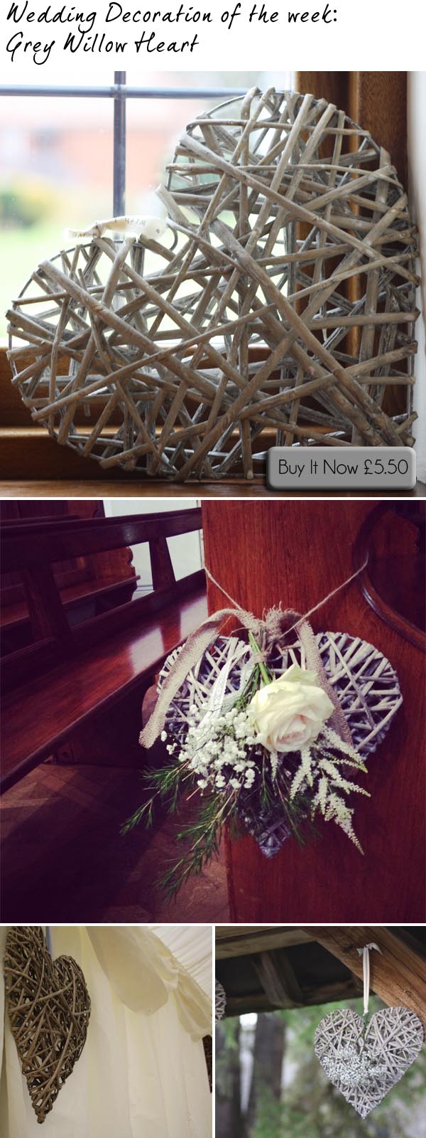 grey willow heart hanging wedding heart pew end