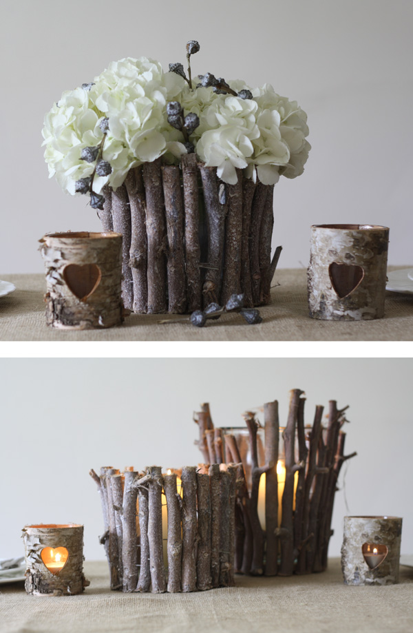 rustic wedding table decorations centrepiece twig vases lanterns woodland wedding