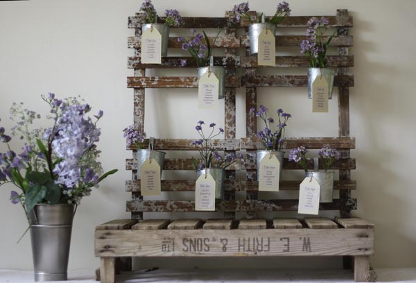 Rustic Wedding Table plan With Silver Flower Pots