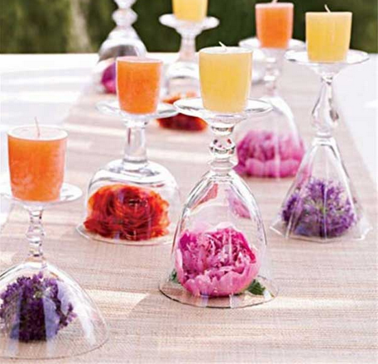 Diy Wedding Centrepieces Wine Glasses Flower Heads Candles