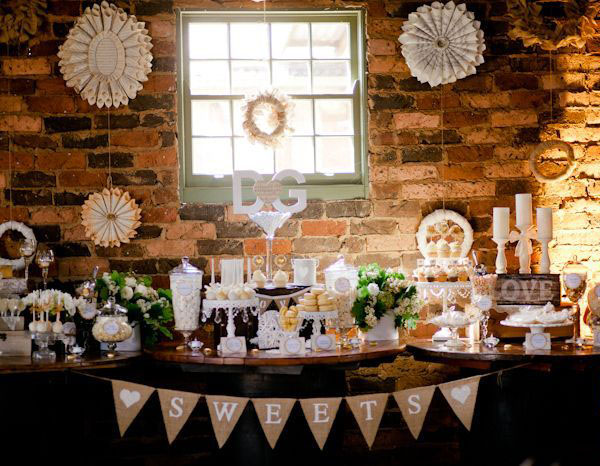 rustic wedding dessert table hessian bunting