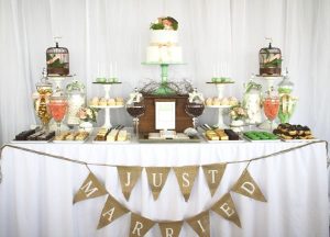 rustic wedding dessert table hessian just married bunting