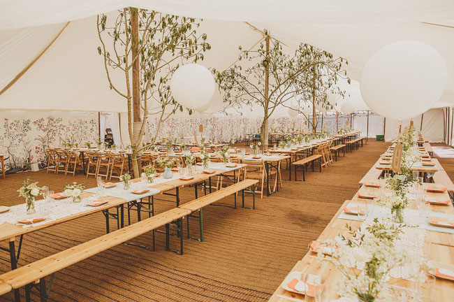 long wedding tables marquee wedding with trees