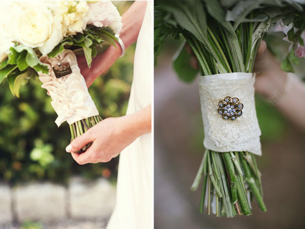 rustic wedding bouquet wraps brooches with lace ribbon