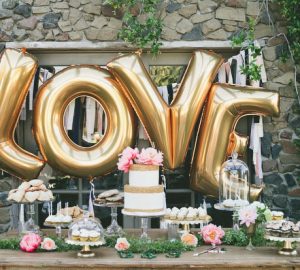wedding dessert table LOVE gold balloons