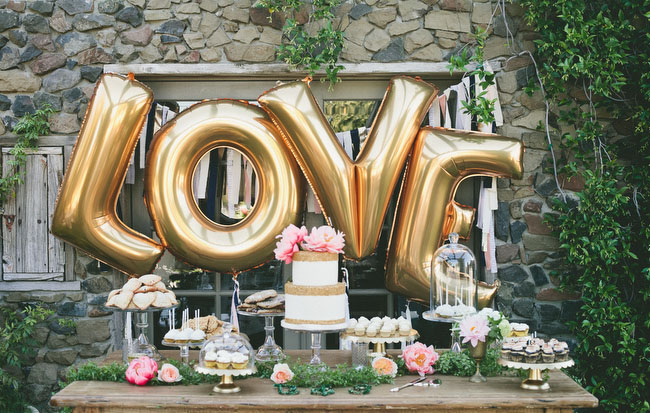 wedding dessert table LOVE gold balloons