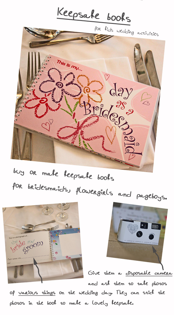 wedding activities for children keepsake books and cameras for bridesmaids pageboys