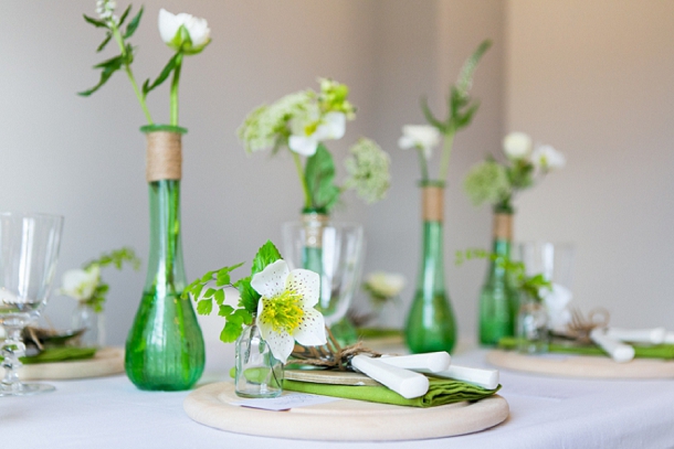 green glass bottles wedding centrepies organic  shape rustic wedding decorations