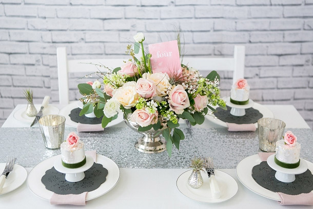 silver and blush pink wedding table decorations