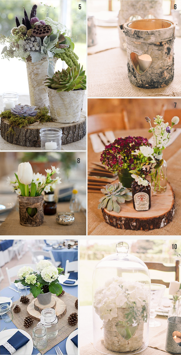 Wildflower nature wedding centerpieces with wood slices, bottles