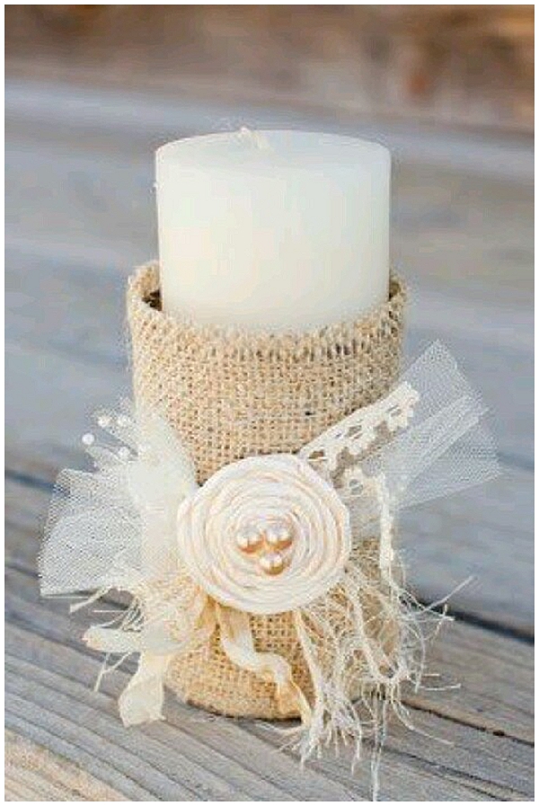 candle with burlap and flowers hessian wedding ideas