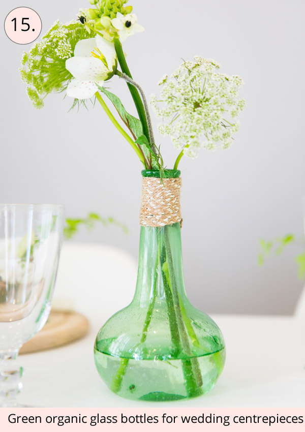 green organic glass bottles for wedding centrepieces - 15 wedding centrepieces for under 15 pounds (budget friendly centrepieces)