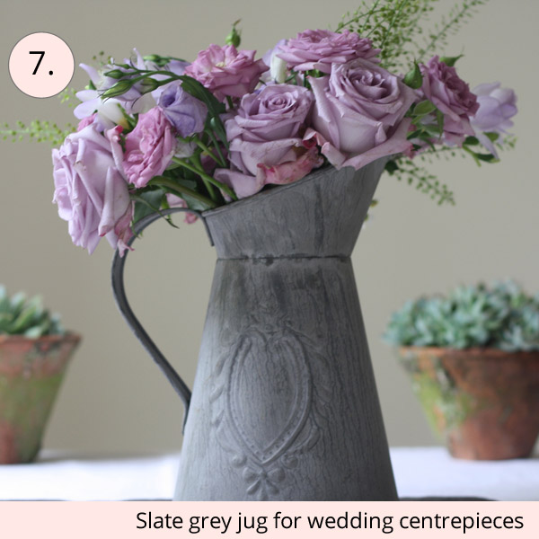 slate grey jugs for rustic wedding centrepieces for sale - 15 wedding centrepieces for under 15 pounds (budget friendly centrepieces)