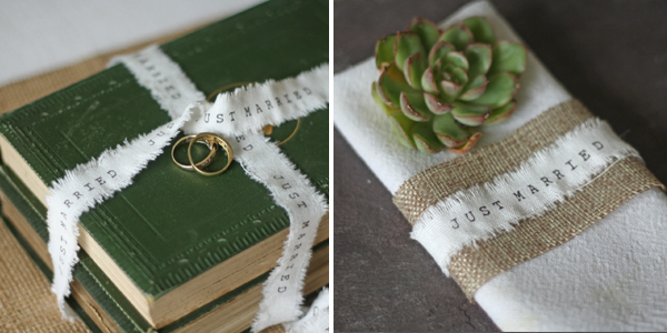 just married wedding ribbon ideas around napkin vintage books ring pillow rustic ribbon frayed edges