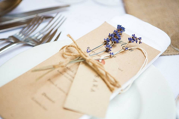 lavender place settings with dried lavender on menu