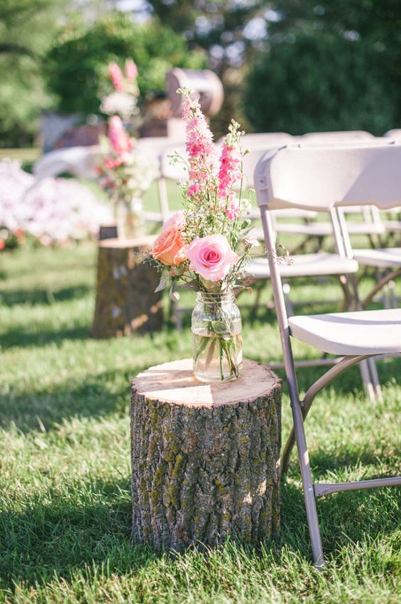 outdoor wedding ceremony tree stumps