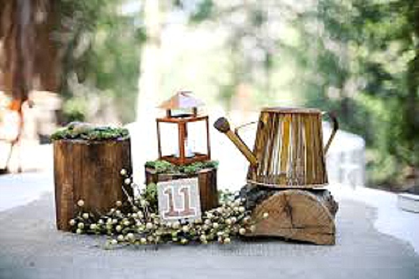 bronze watering can tree stumps rustic wedding centrepieces