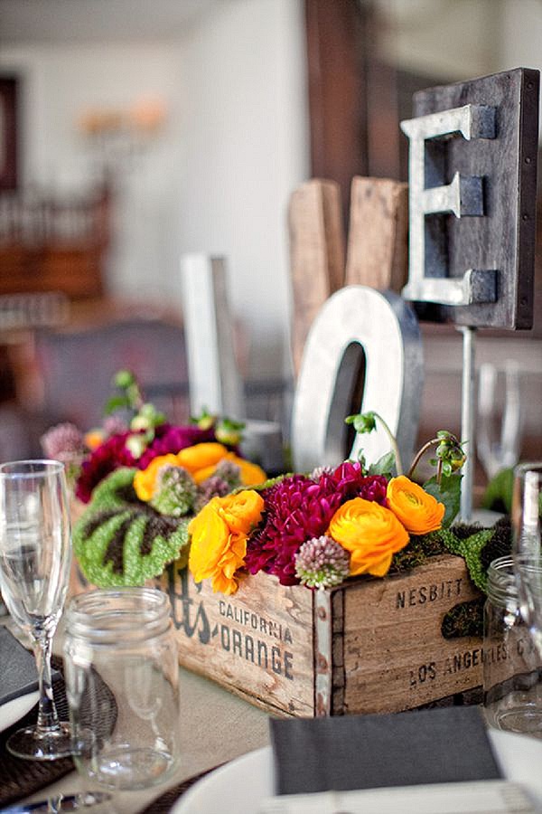 wooden box rustic wedding centrepieces