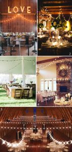 globe string lights wedding in barns hangin from beams