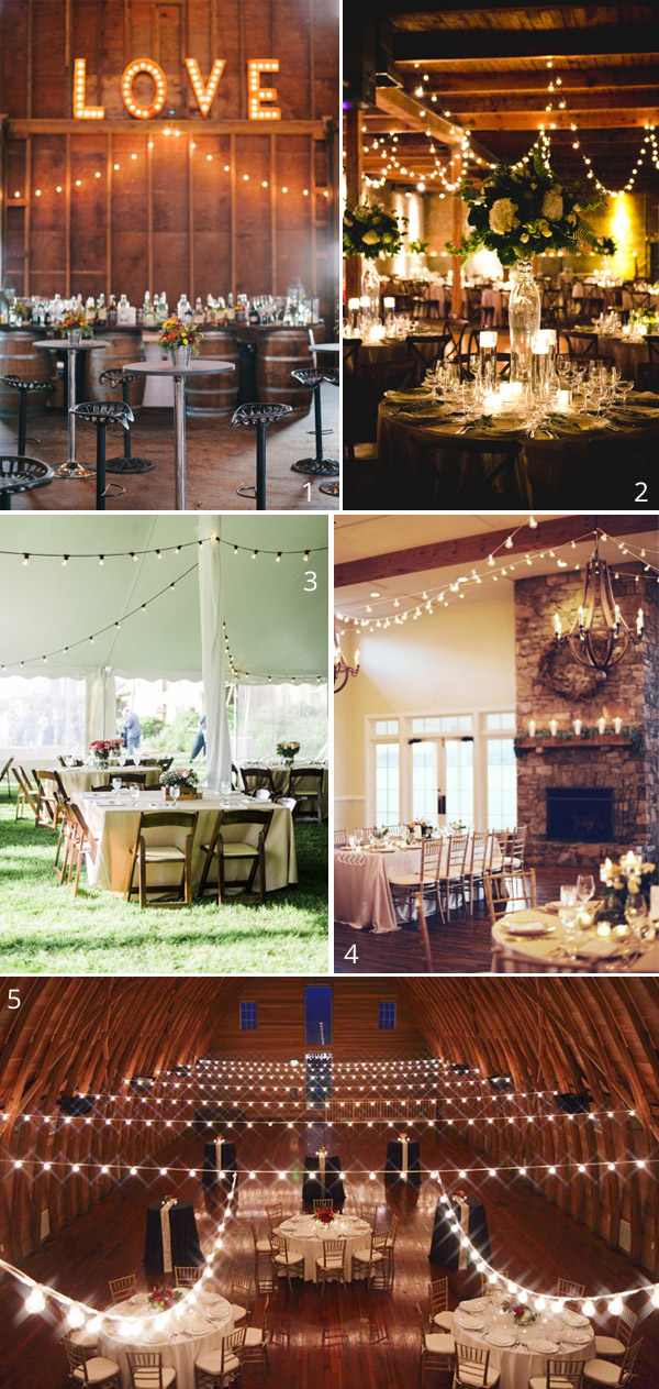 globe string  lights wedding in barns hangin from beams