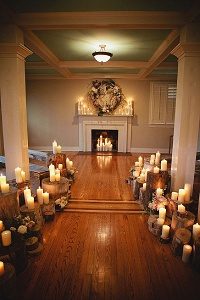 winter weddings candles and tree slices