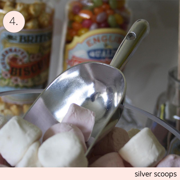 silver scoops for wedding dessert table