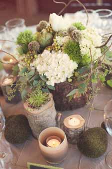 woodland wedding centrepiece ideas bark vases succulents and tea light holders