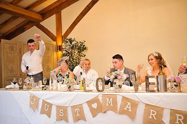 Hessian just married bunting along top table