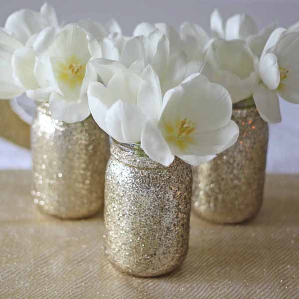 gold glitter jar vases for wedding centrepieces