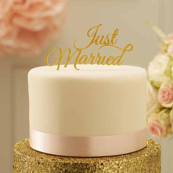 Gold glitter just married cake topper
