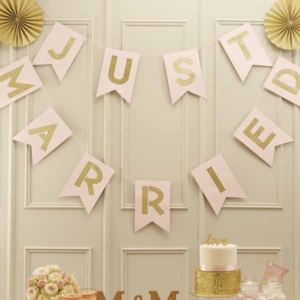 Just Married pink and gold glitter wedding bunting