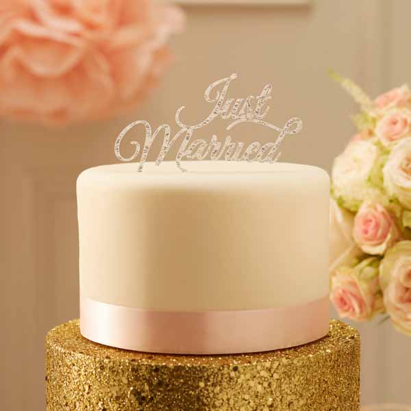 Silver glitter just married wedding cake topper