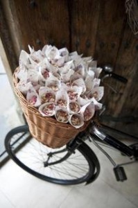 paper confetti cones in a bicycle  basket