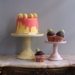 yellow and pastel pink cake plates for wedding cakes