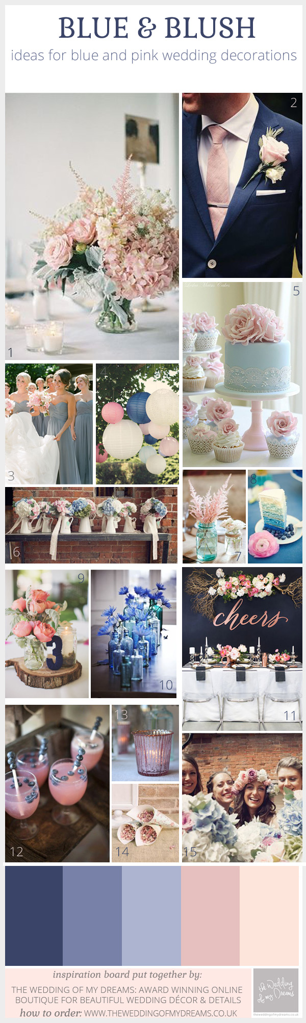 blue and blush pink wedding decorations inspiration board