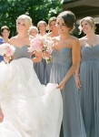 blue and blush pink wedding ideas - dusky blue bridesmaids dresses and pink bouquets