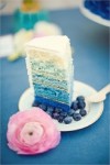 ombre blue wedding cake with pink ranunculus for detail