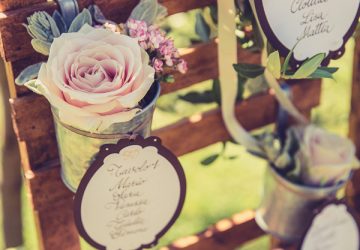 rustic wooden table plan with flower pots available from The Wedding of my Dreams