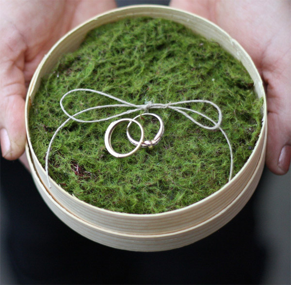 the perfect woodland wedding ring cushion alternative -  wooden dish with moss