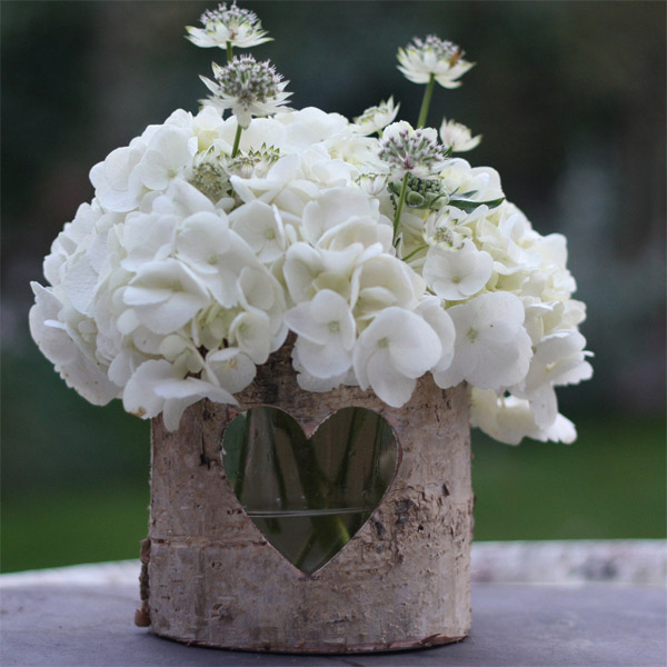 wooden bark vases for wedding flowers and centrepieces